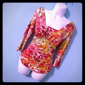 Cabi Floral 3/4 Sleeve Ruched Fitted Top